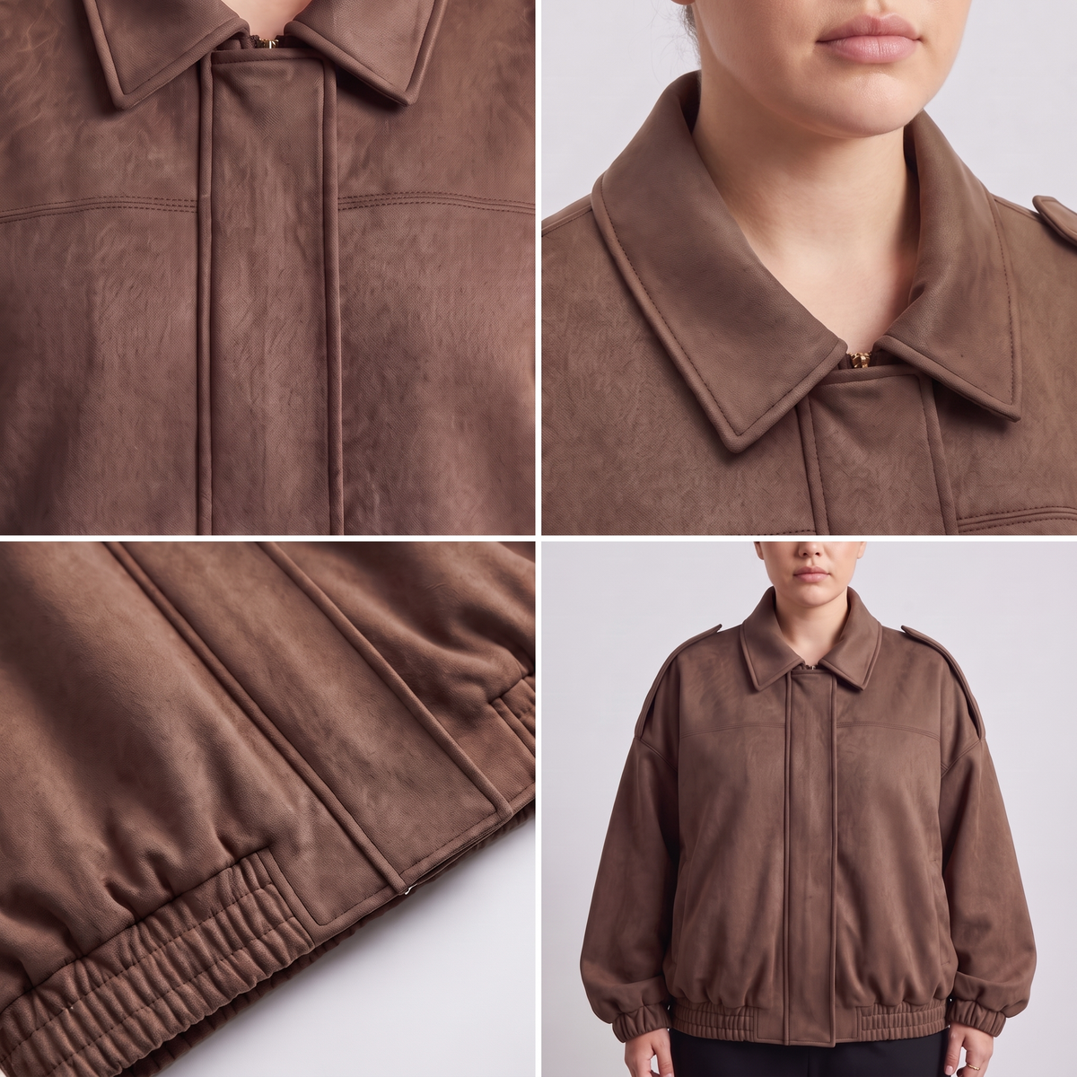 Cropped Suede-Look Collar Bomber