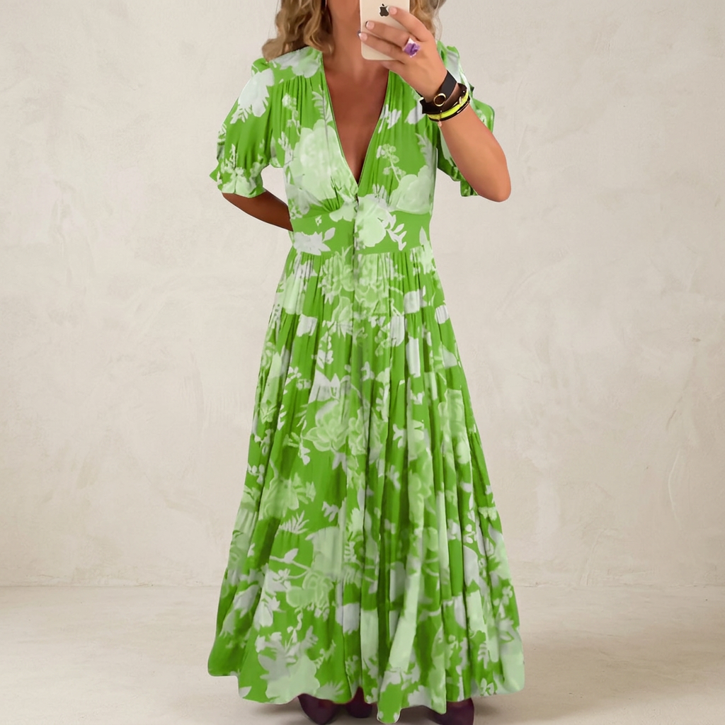 Evanthe Floral V-Neck Dress - Green