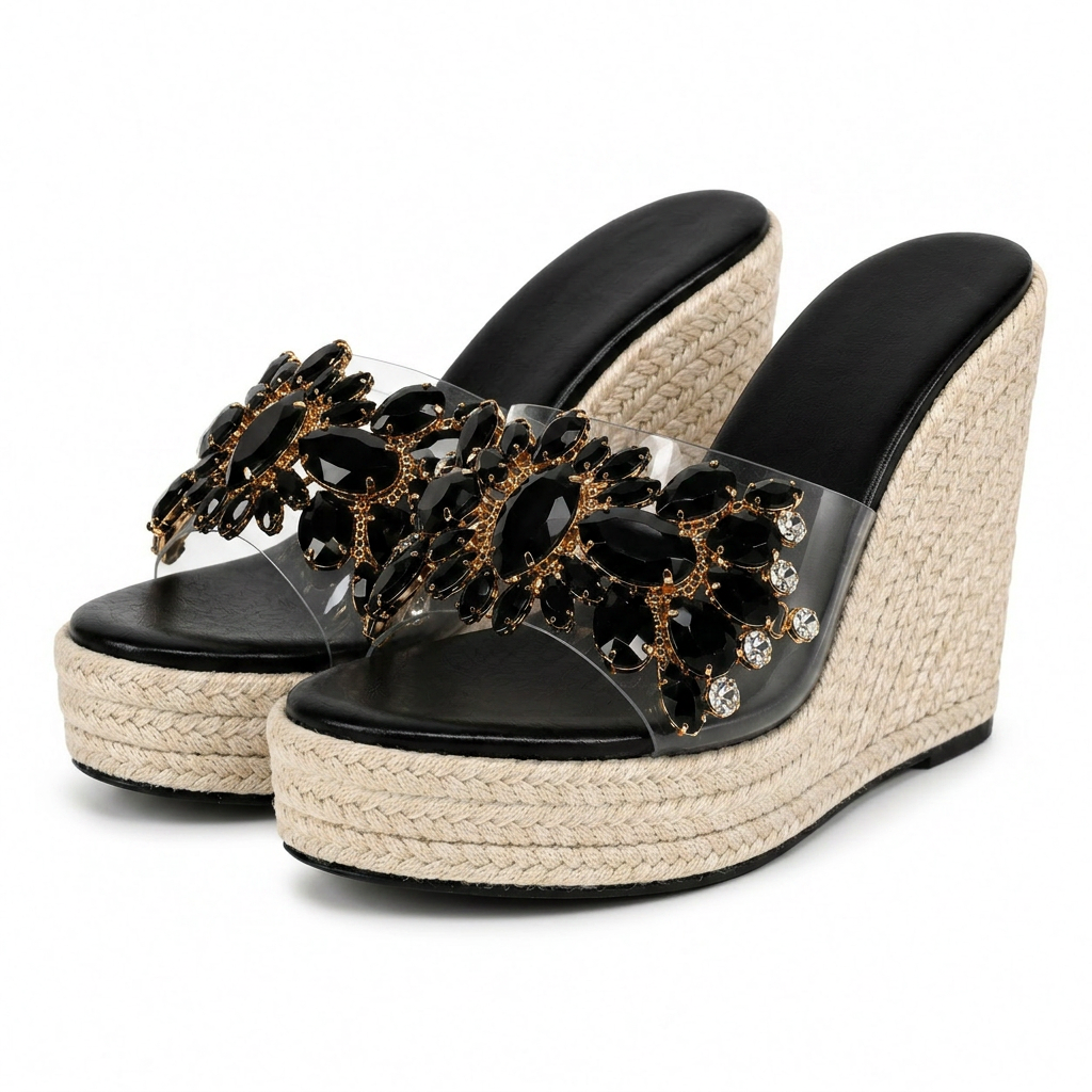 Evie Jewelled Espadrille Wedges - Black
