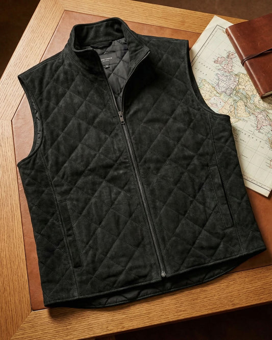 Gio Quilted Suede-Look Vest - Black