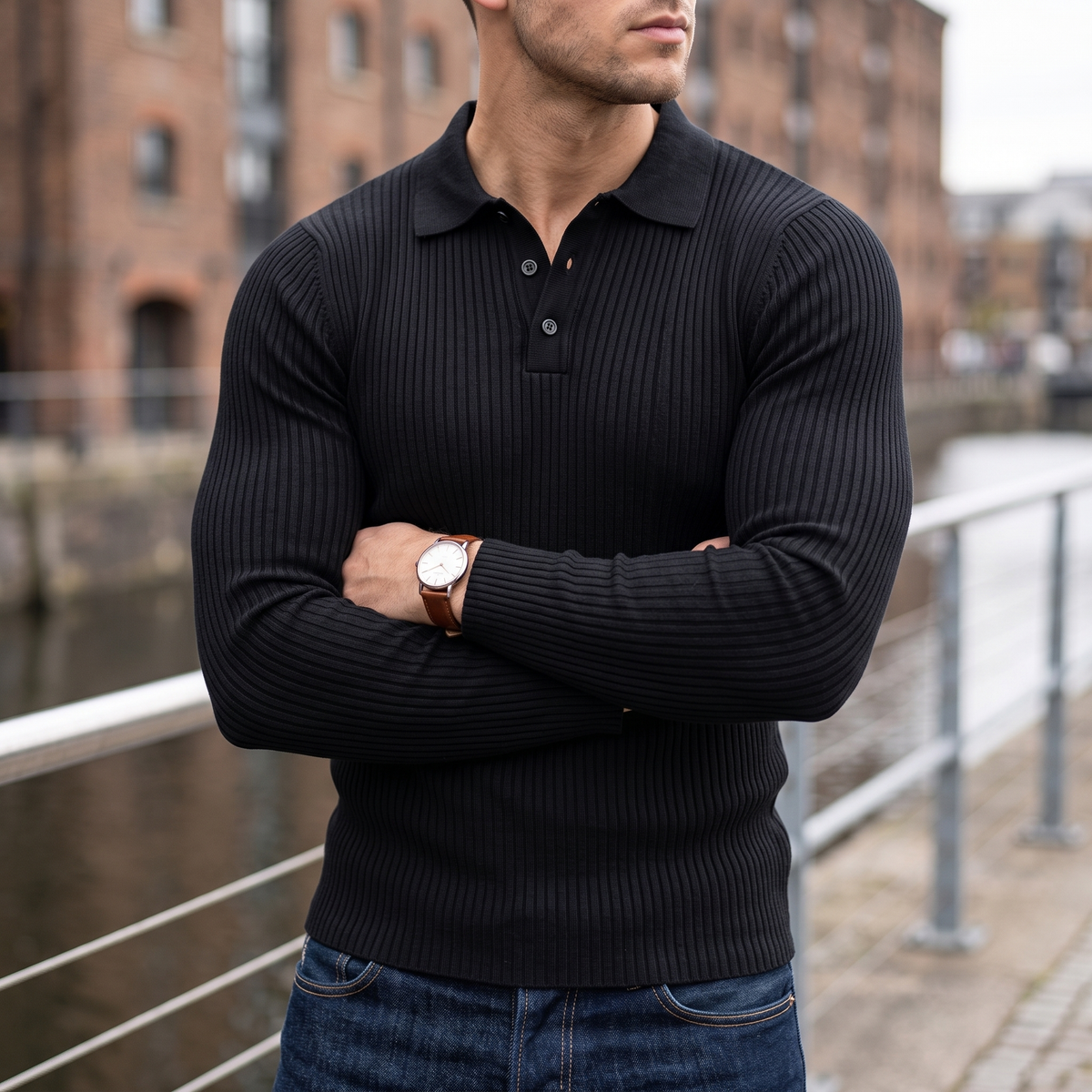 Harrowby Ribbed Long-Sleeve Polo - Black