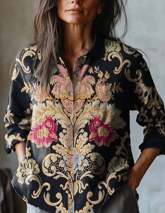 Lila Floral Embroidered Linen Shirt - Black