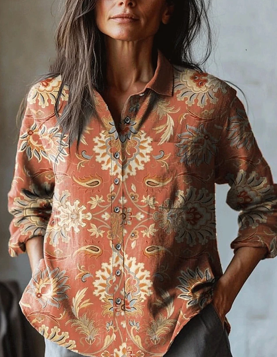 Lila Floral Embroidered Linen Shirt - Orange