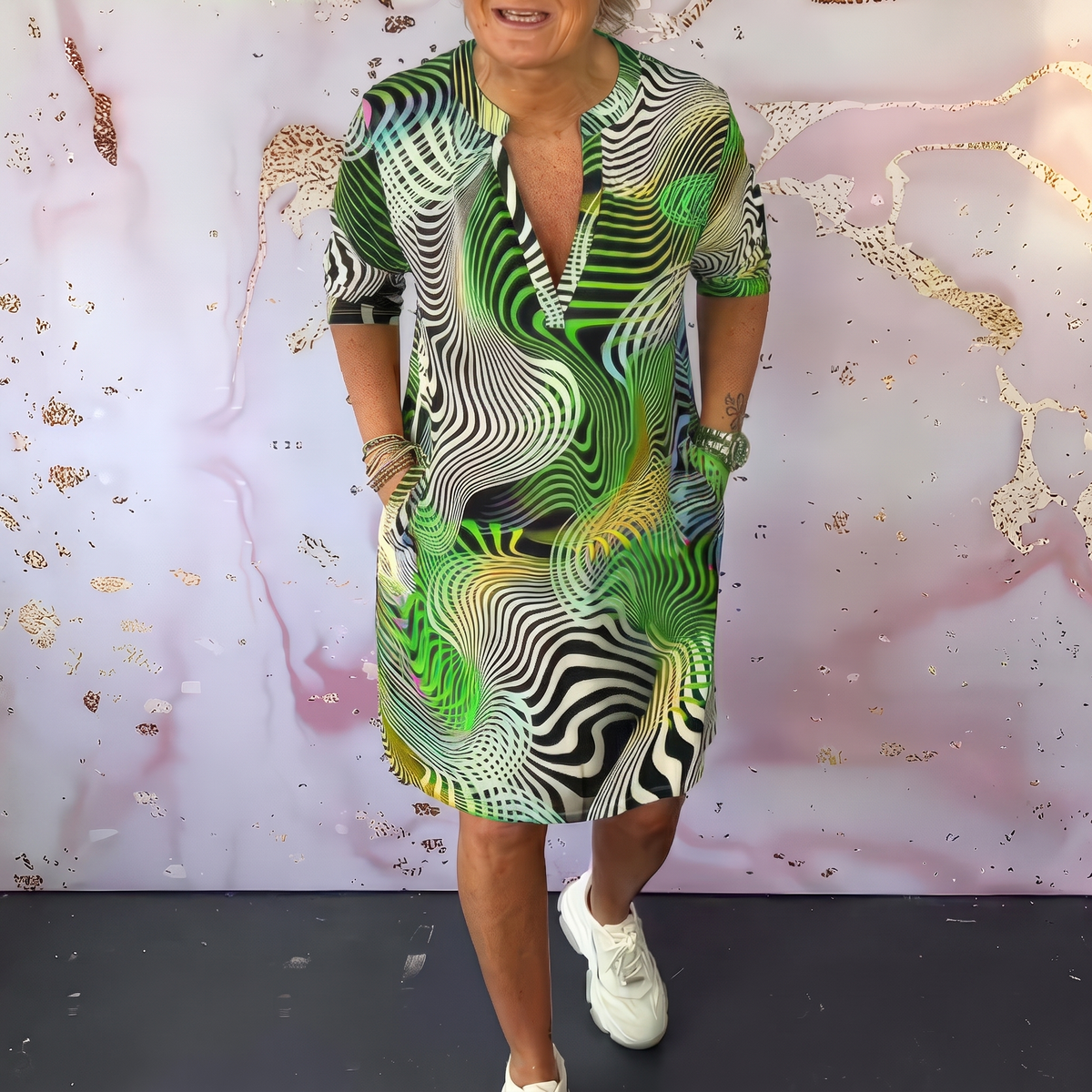 Lunabelle Colourful V-Neck Dress - Green