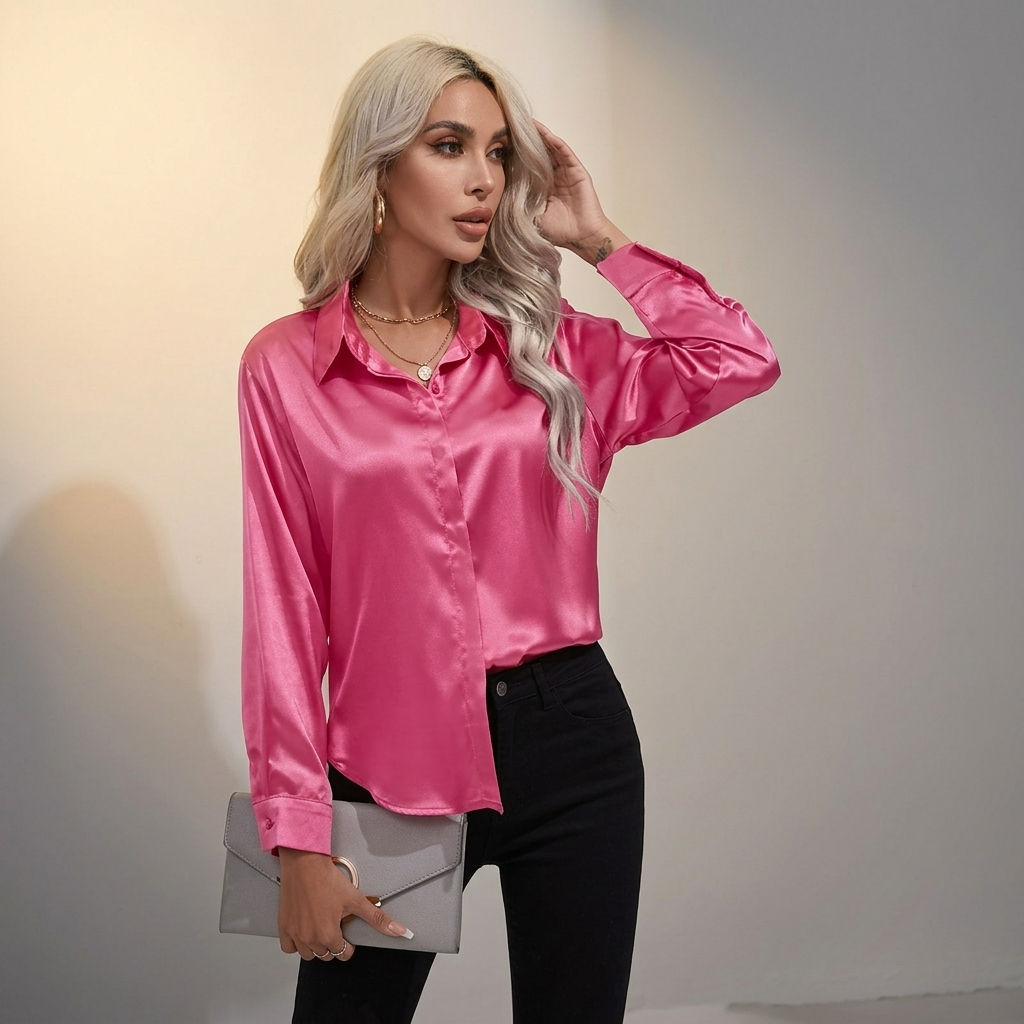 Selworth Satin V-Neck Blouse - Hot Pink