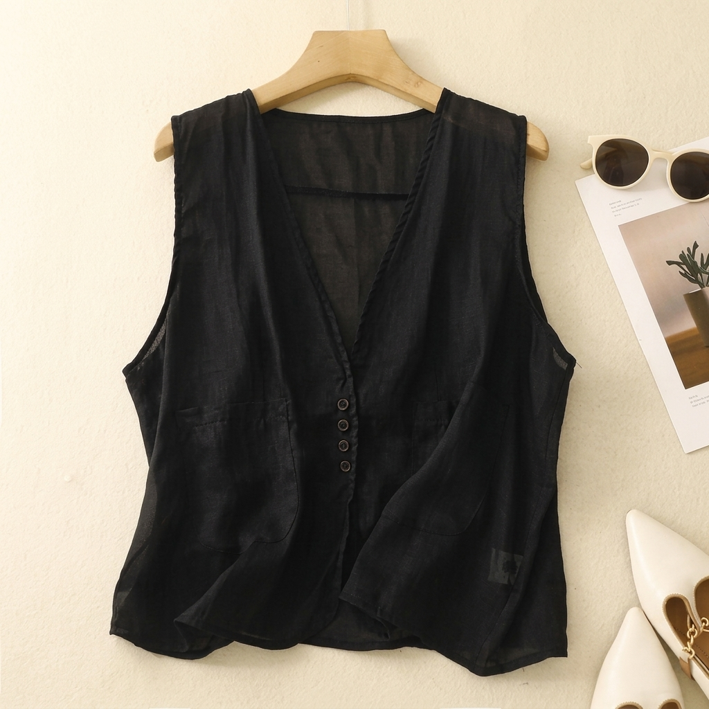 Aureford Lightweight Linen Top - Black