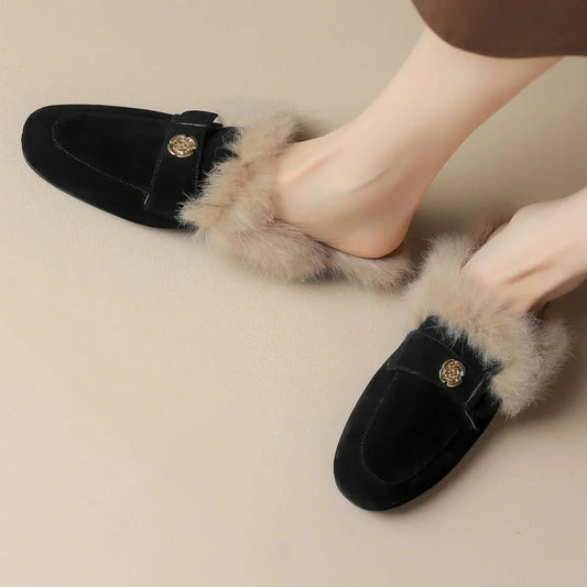 Veloura Suede-Look Warm-Lined Mules - Black