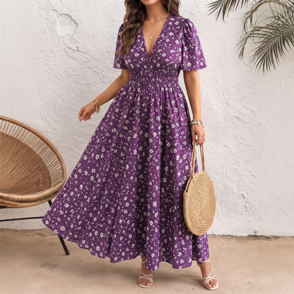 Alderose Floral V-Neck Dress - Purple