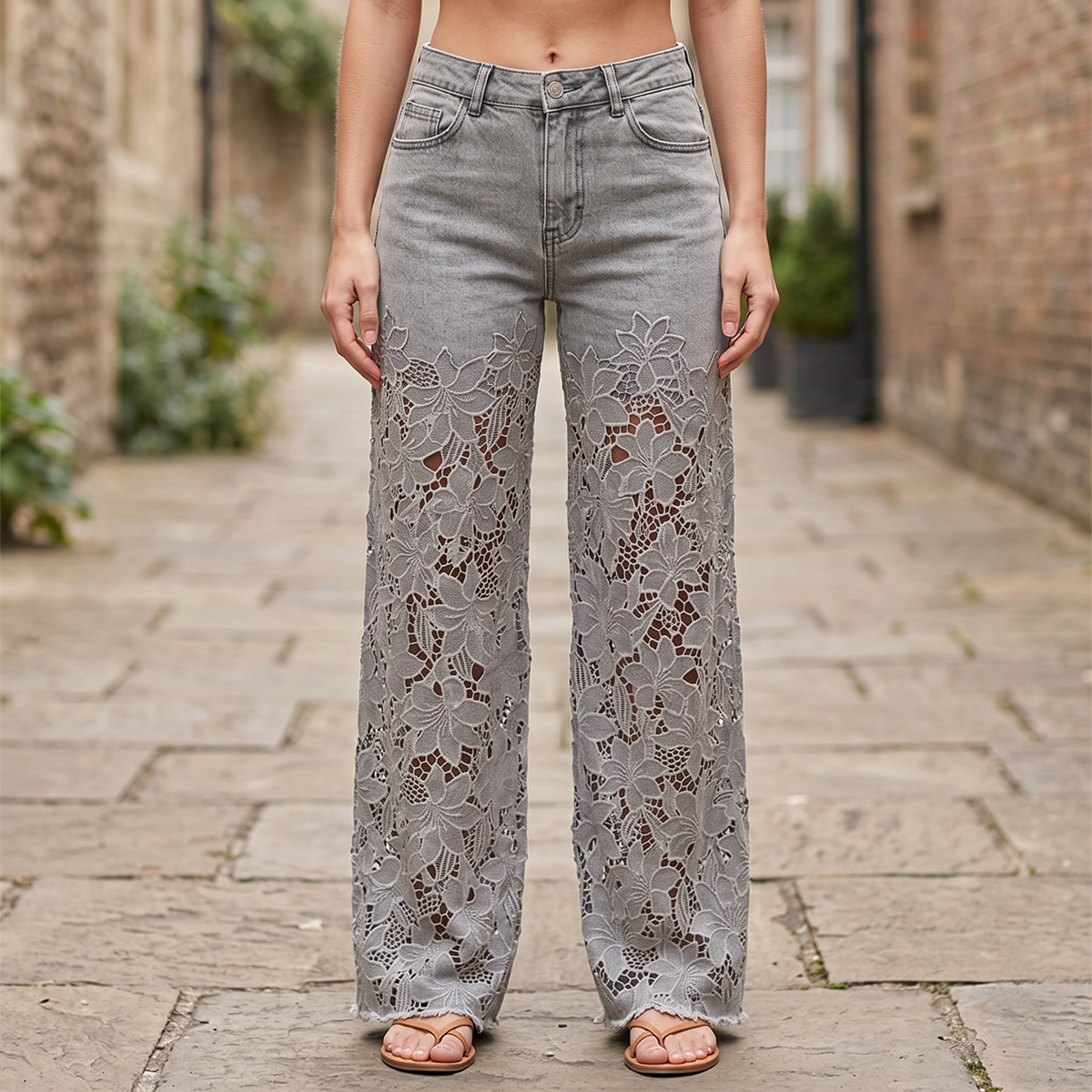 Aldersley Lace-Panel Patchwork Jeans - Grey