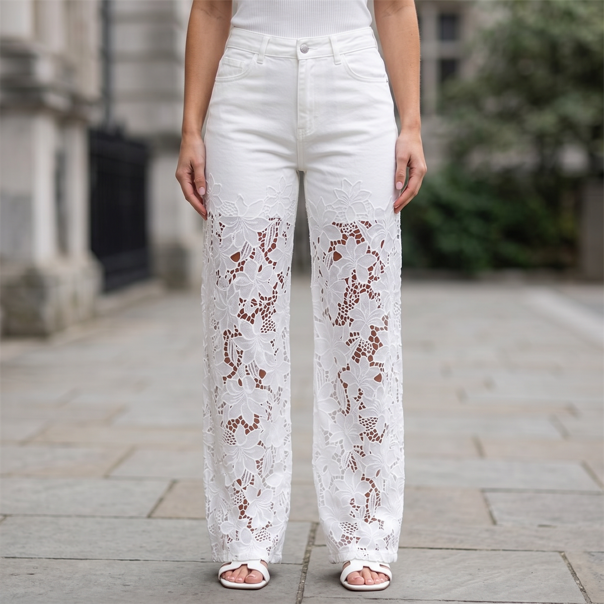 Aldersley Lace-Panel Patchwork Jeans - White