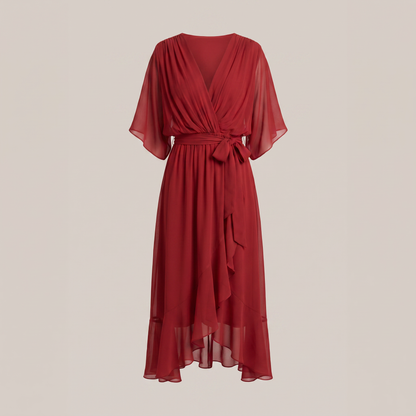 Anwen V-Neck Midi Dress - Red