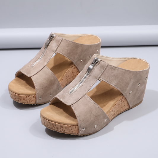 Aria Zip-Up Comfort Sandals - Beige