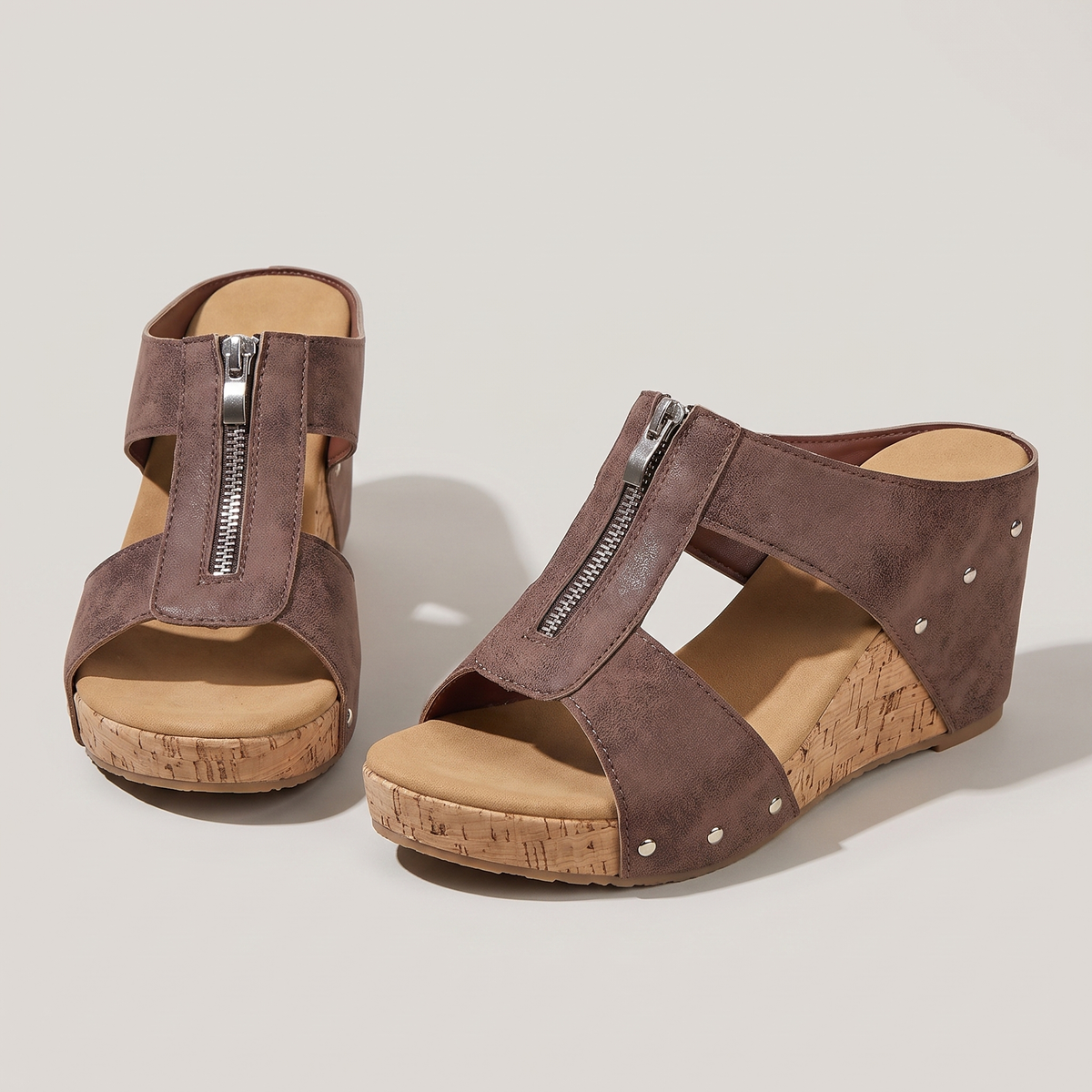 Aria Zip-Up Comfort Sandals - Brown