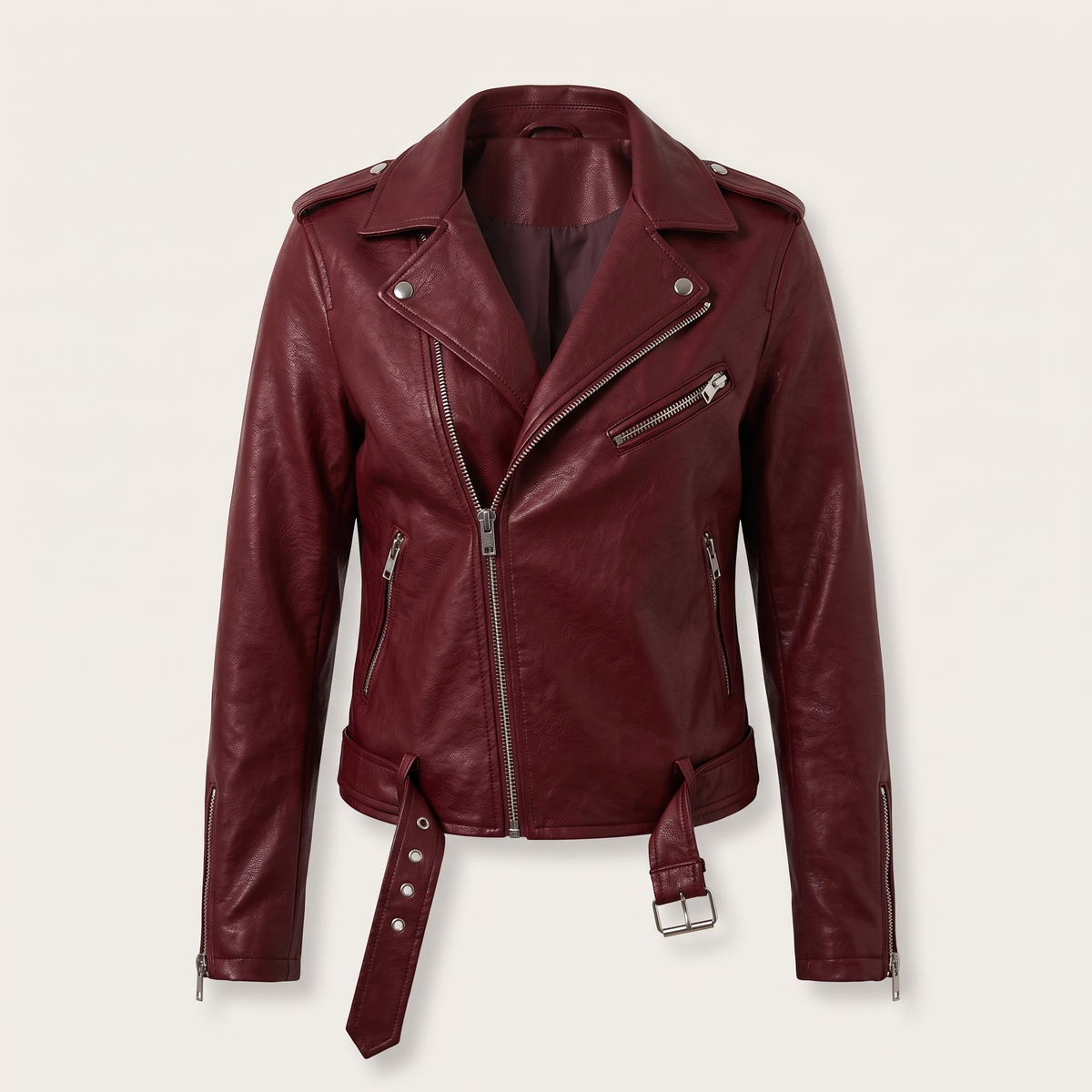 Asymmetric Zip Biker Jacket - Burgundy