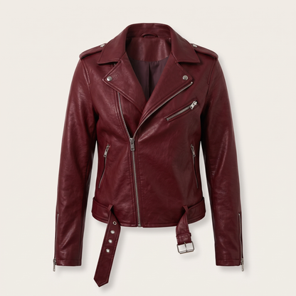 Asymmetric Zip Biker Jacket - Burgundy