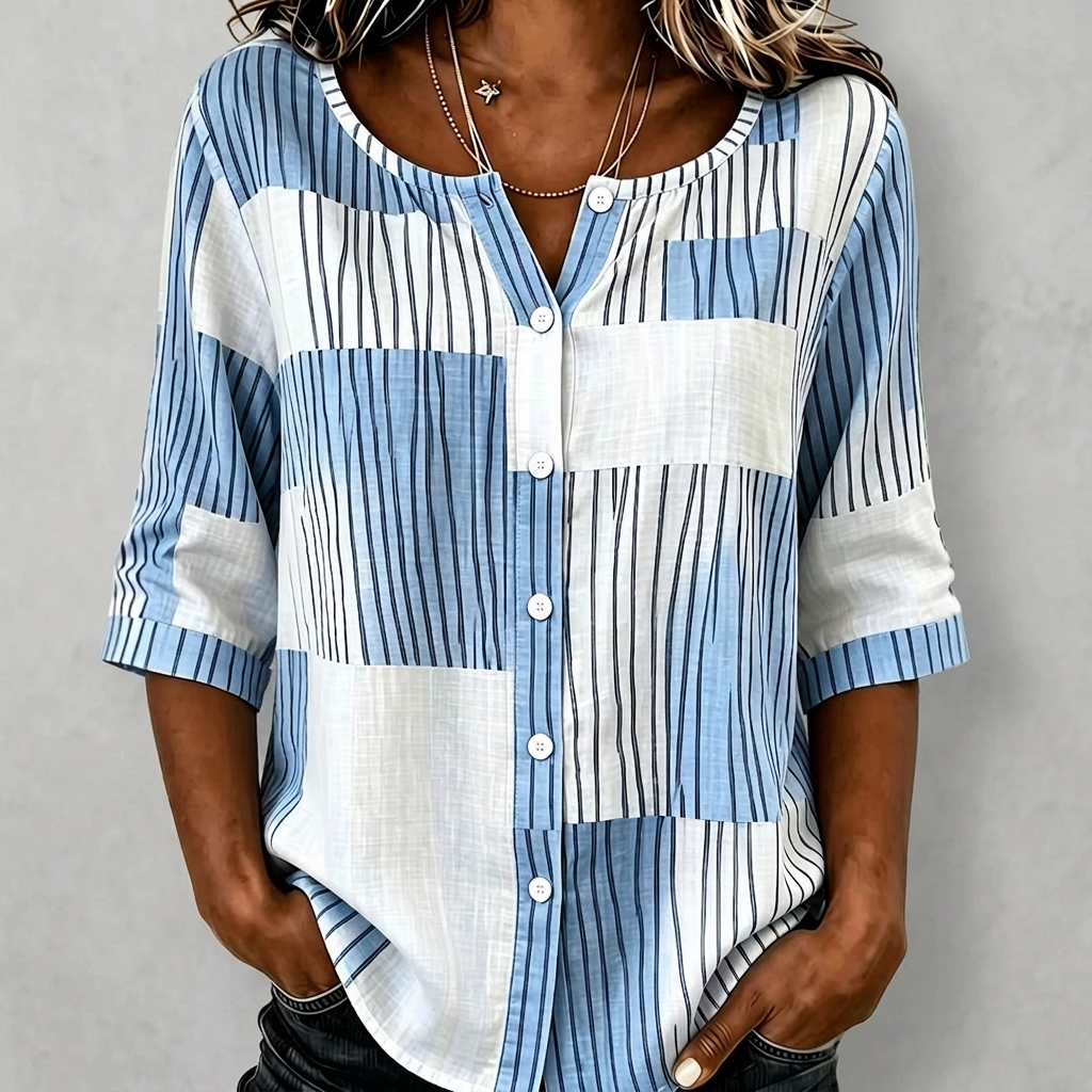 Aureston Patchwork Stripe Blouse - Blue