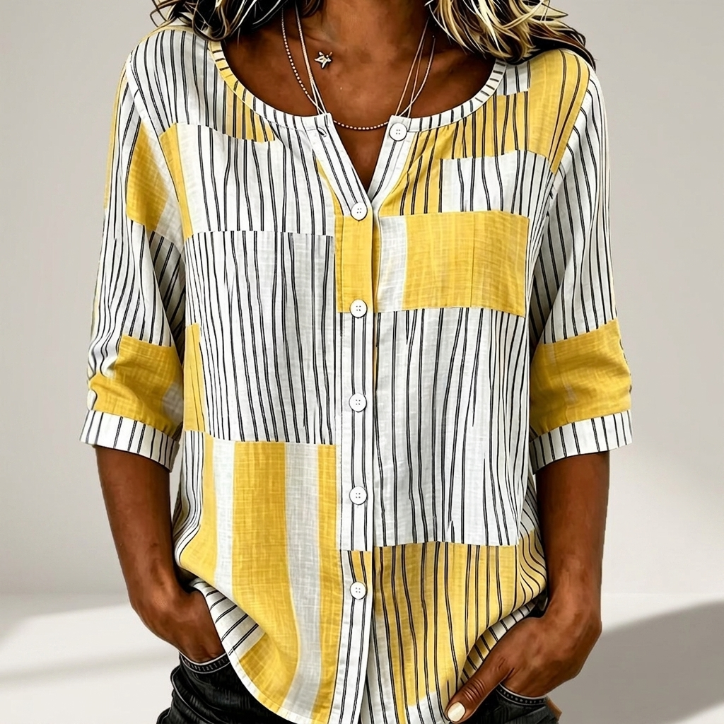Aureston Patchwork Stripe Blouse - Yellow