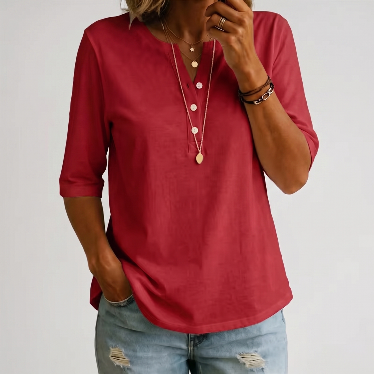 Aveline Classic O-Neck Top - Red