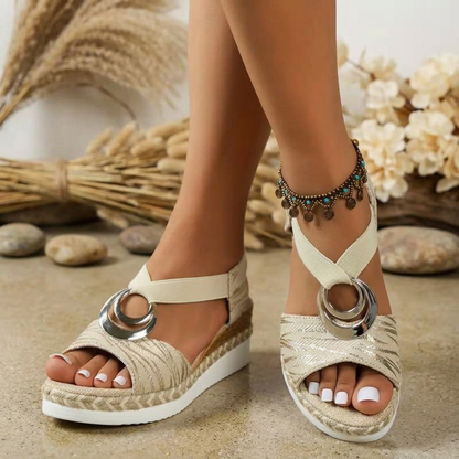 Avelmere Metal-Ring Wedge Sandals - Beige