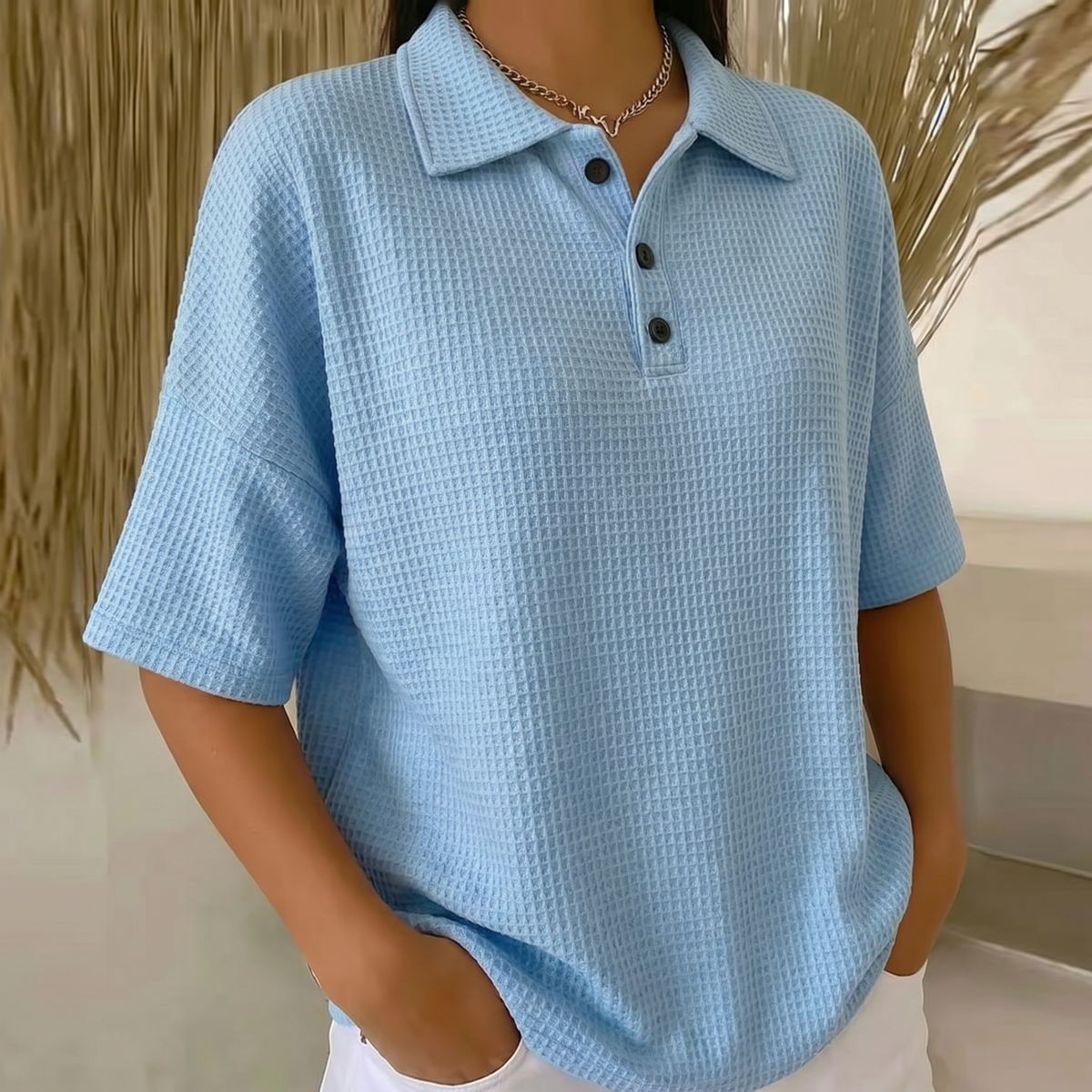 Banbury Soft Waffle Polo Blouse - Blue