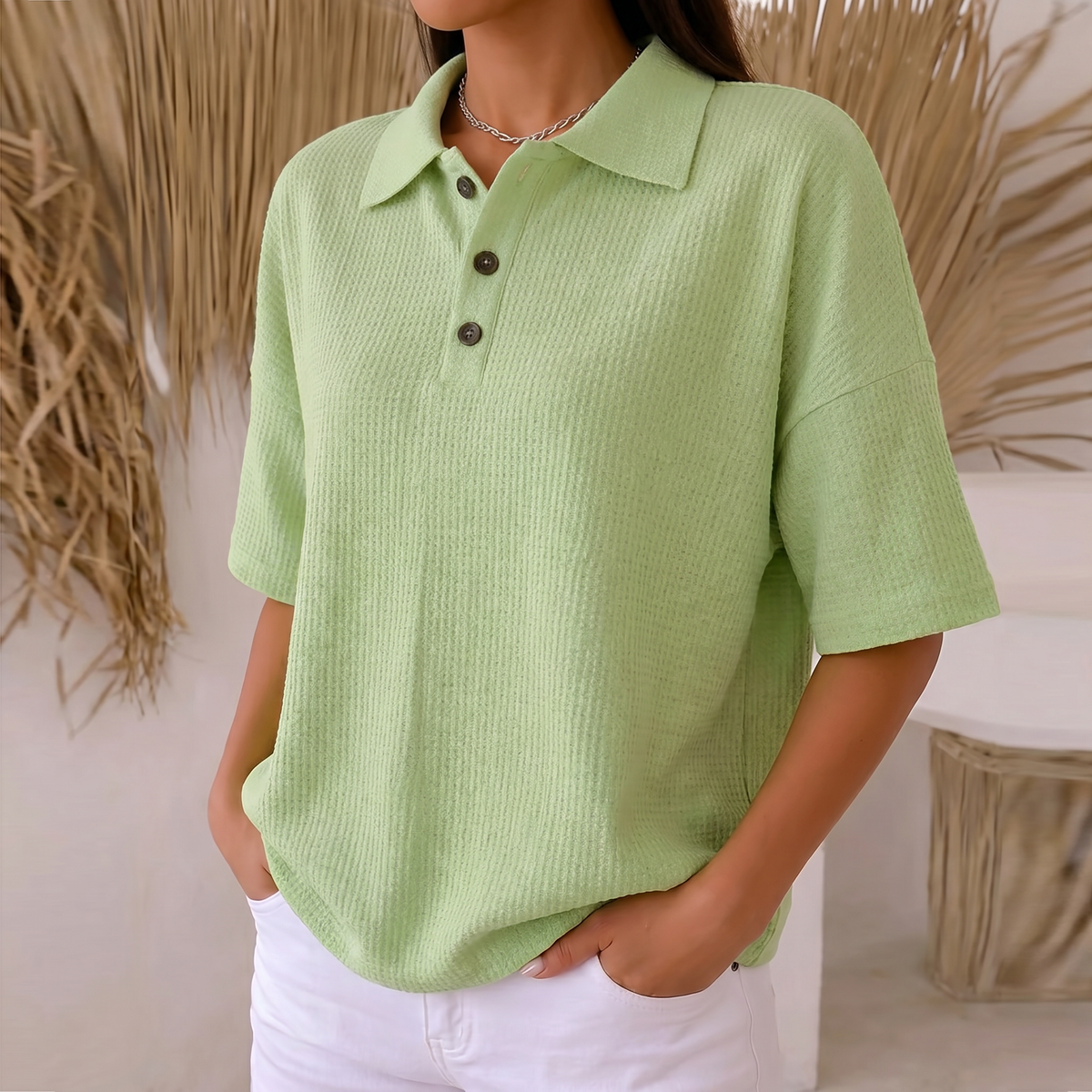Banbury Soft Waffle Polo Blouse - Green