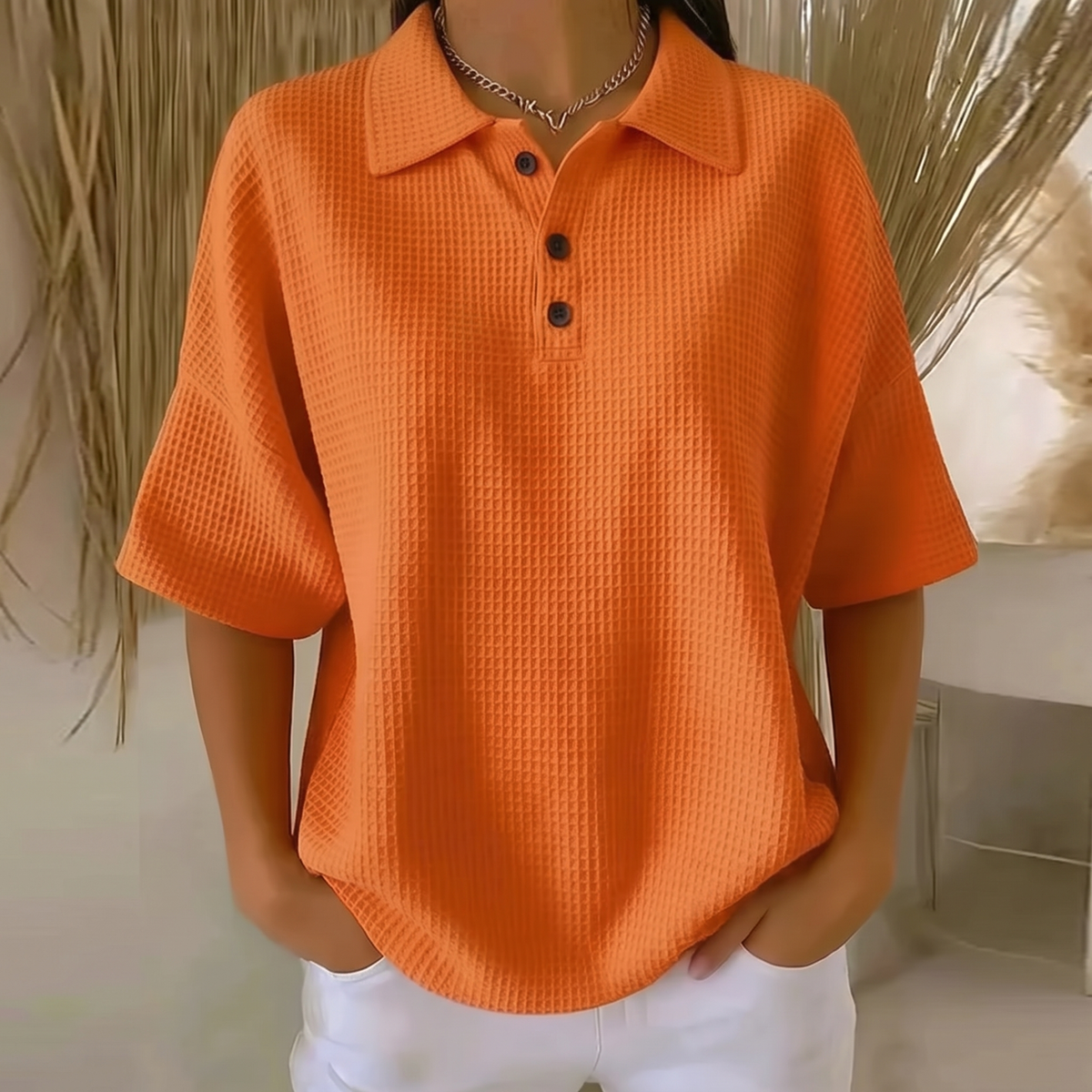 Banbury Soft Waffle Polo Blouse - Orange