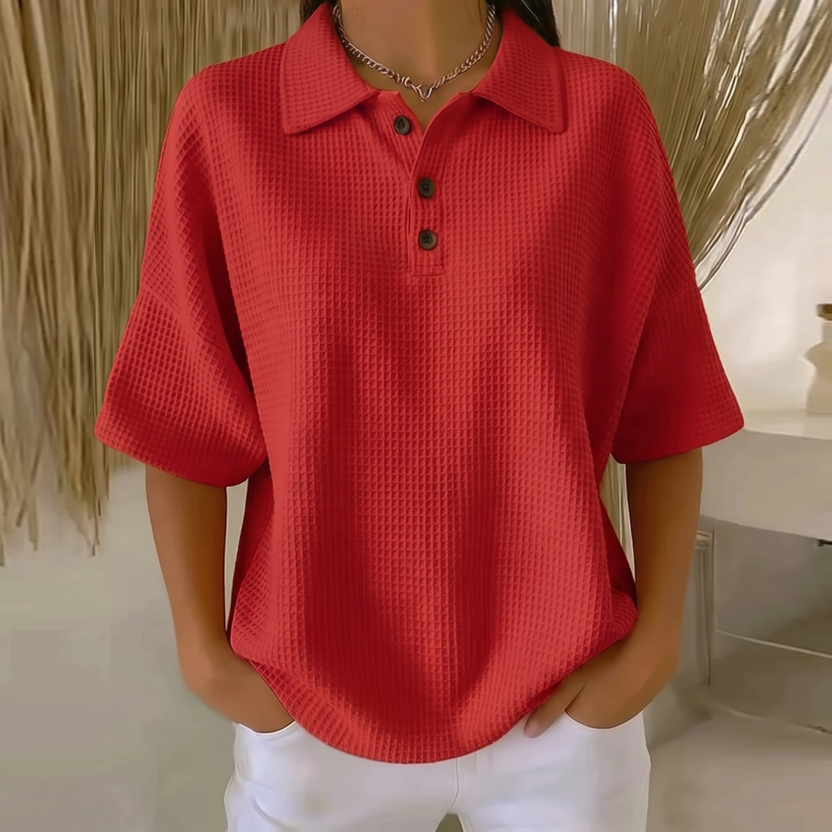 Banbury Soft Waffle Polo Blouse - Red