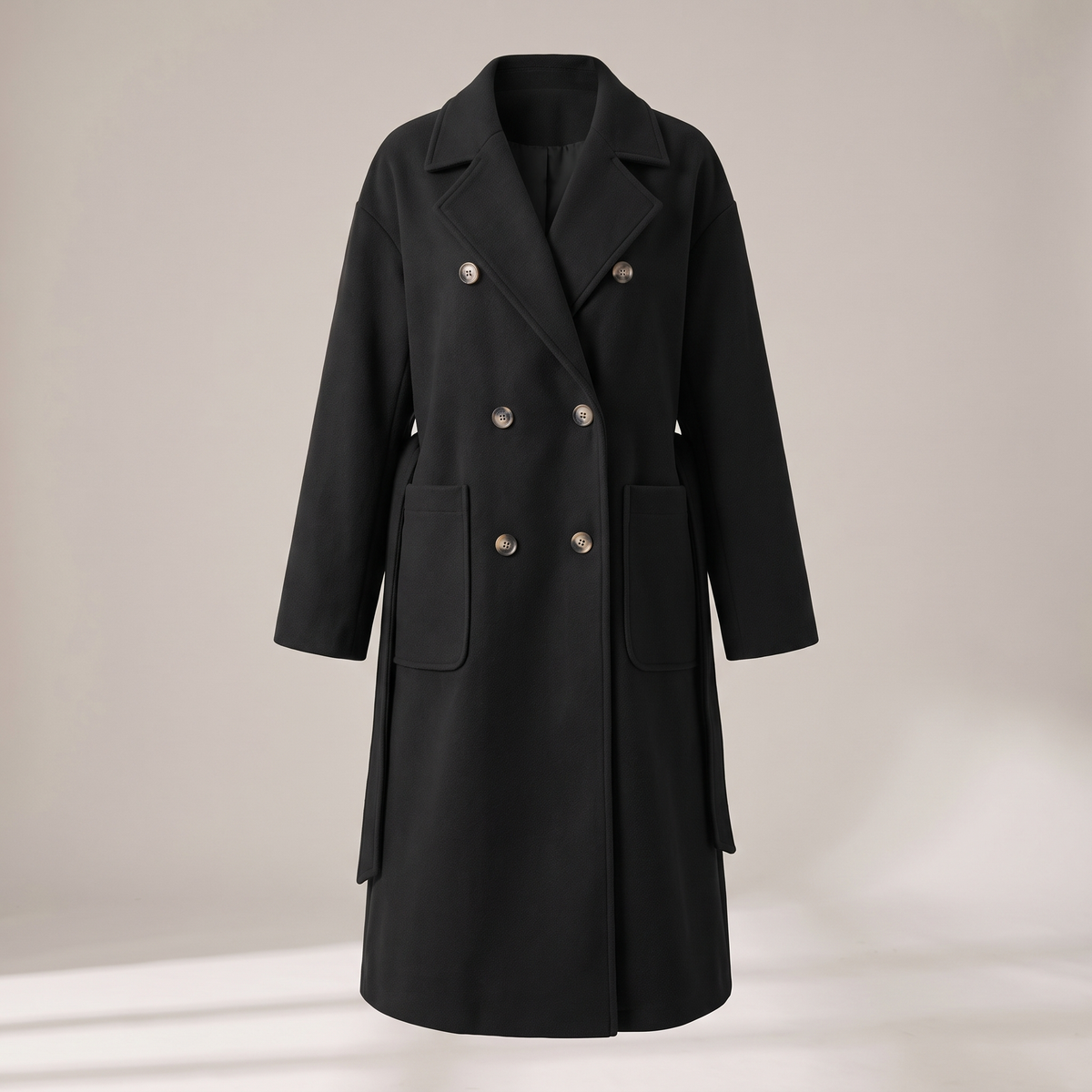 Belted Double Breasted Coat - Black