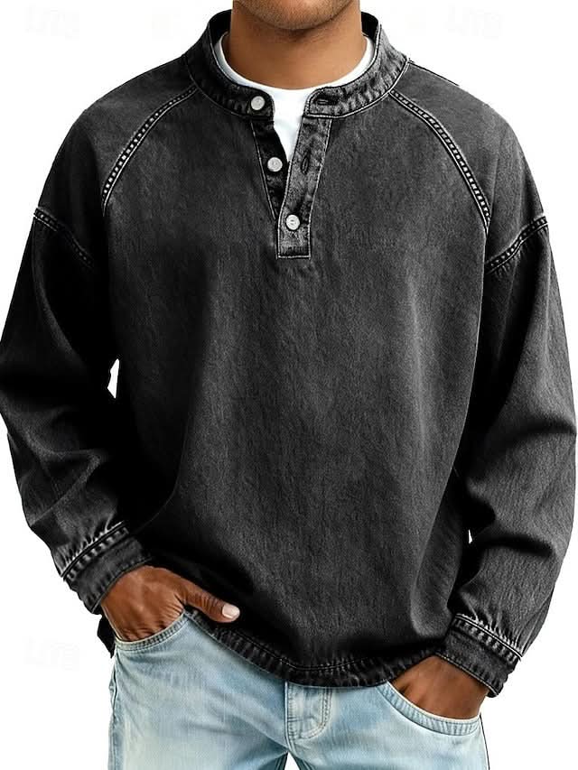 Bromley Relaxed Henley Sweatshirt - Black