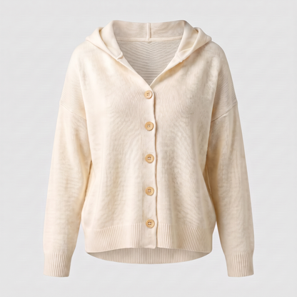 Buttoned Hood Knit Top - Beige