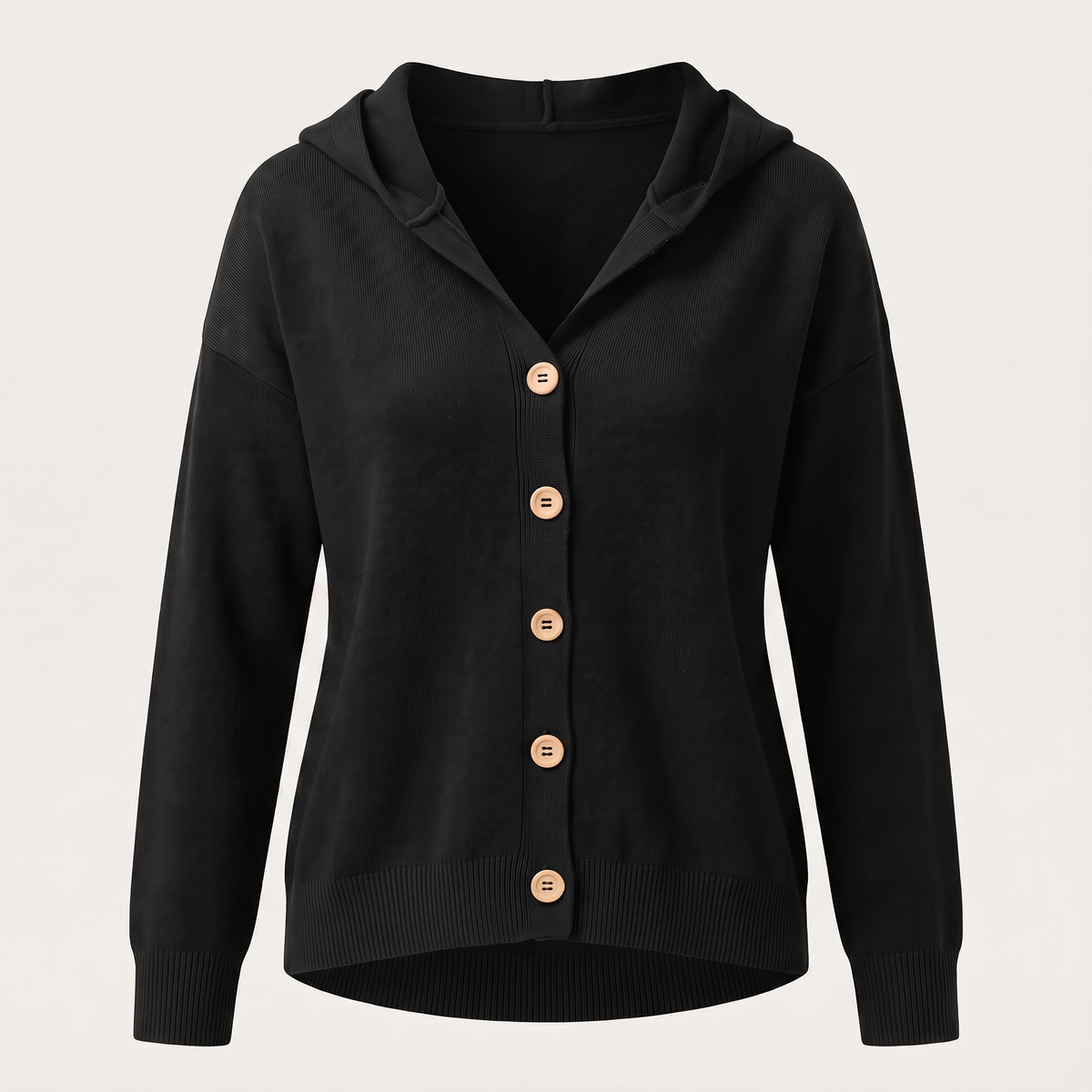 Buttoned Hood Knit Top - Black