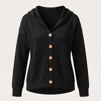 Buttoned Hood Knit Top - Black