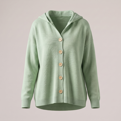 Buttoned Hood Knit Top - Green
