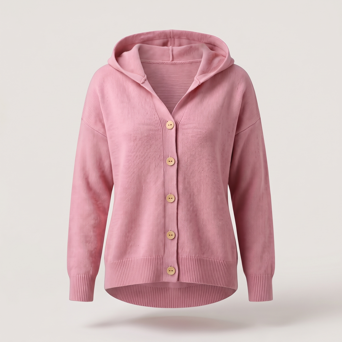 Buttoned Hood Knit Top - Pink