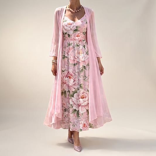 Caledon Floral Overlay Dress Set - Pink