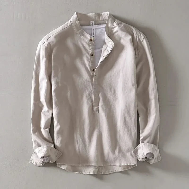 Callum Linen Mandarin Shirt - Khaki