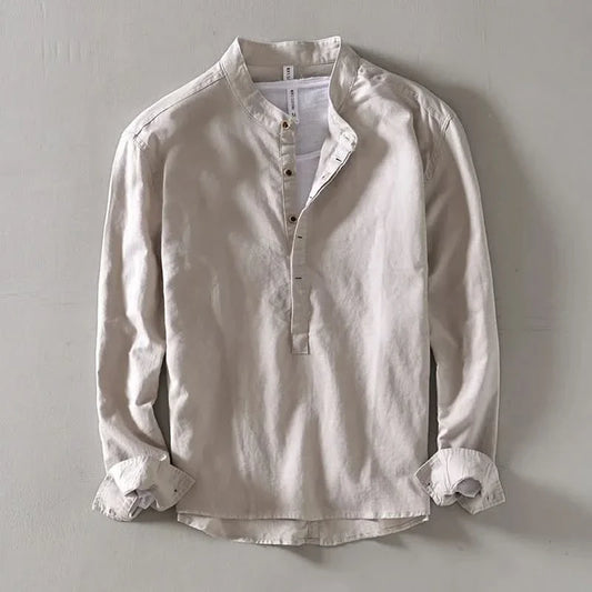 Callum Linen Mandarin Shirt - Khaki
