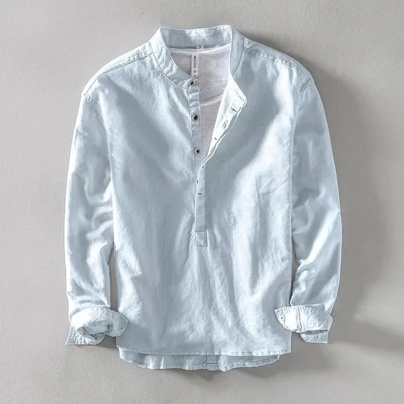 Callum Linen Mandarin Shirt - Light Blue