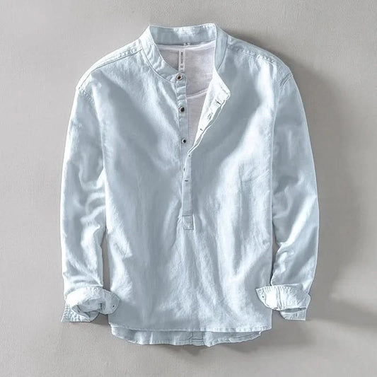 Callum Linen Mandarin Shirt - Light Blue