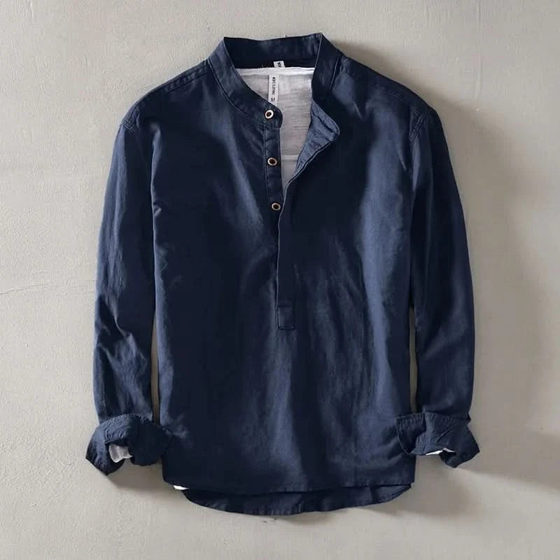 Callum Linen Mandarin Shirt - Navy Blue