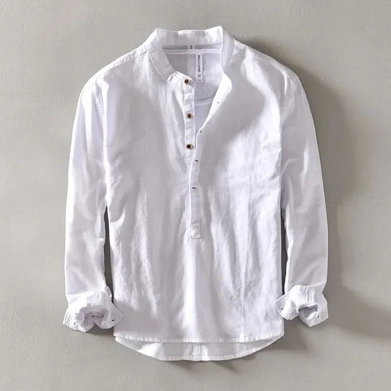 Callum Linen Mandarin Shirt - White