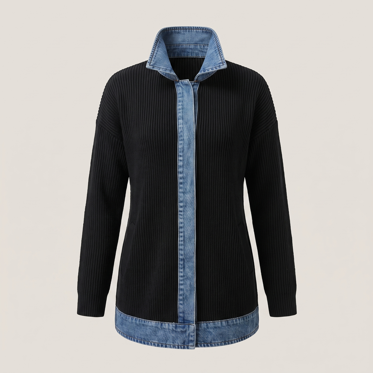 Casual Denim Trim Jacket - Black