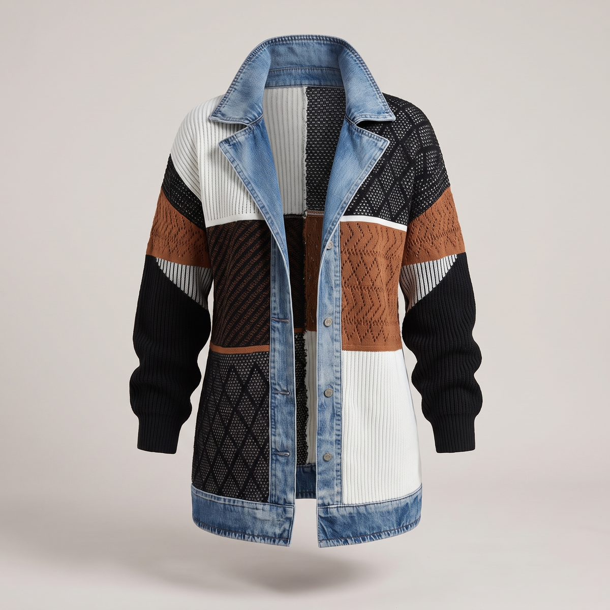 Casual Denim Trim Jacket - Black White