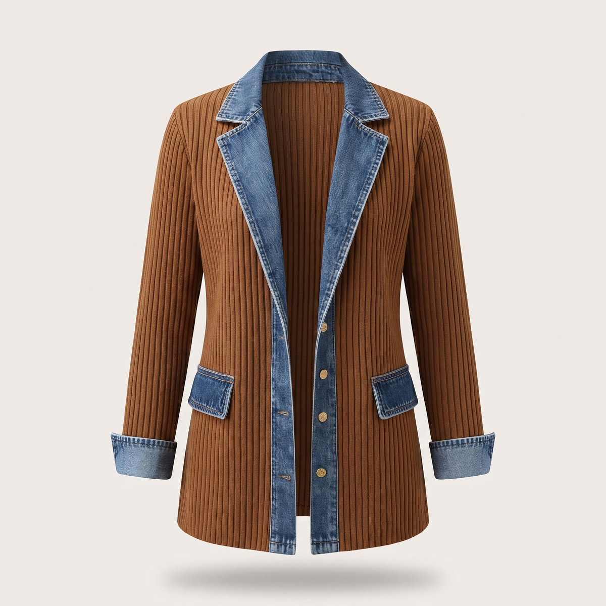 Casual Denim Trim Jacket - Khaki