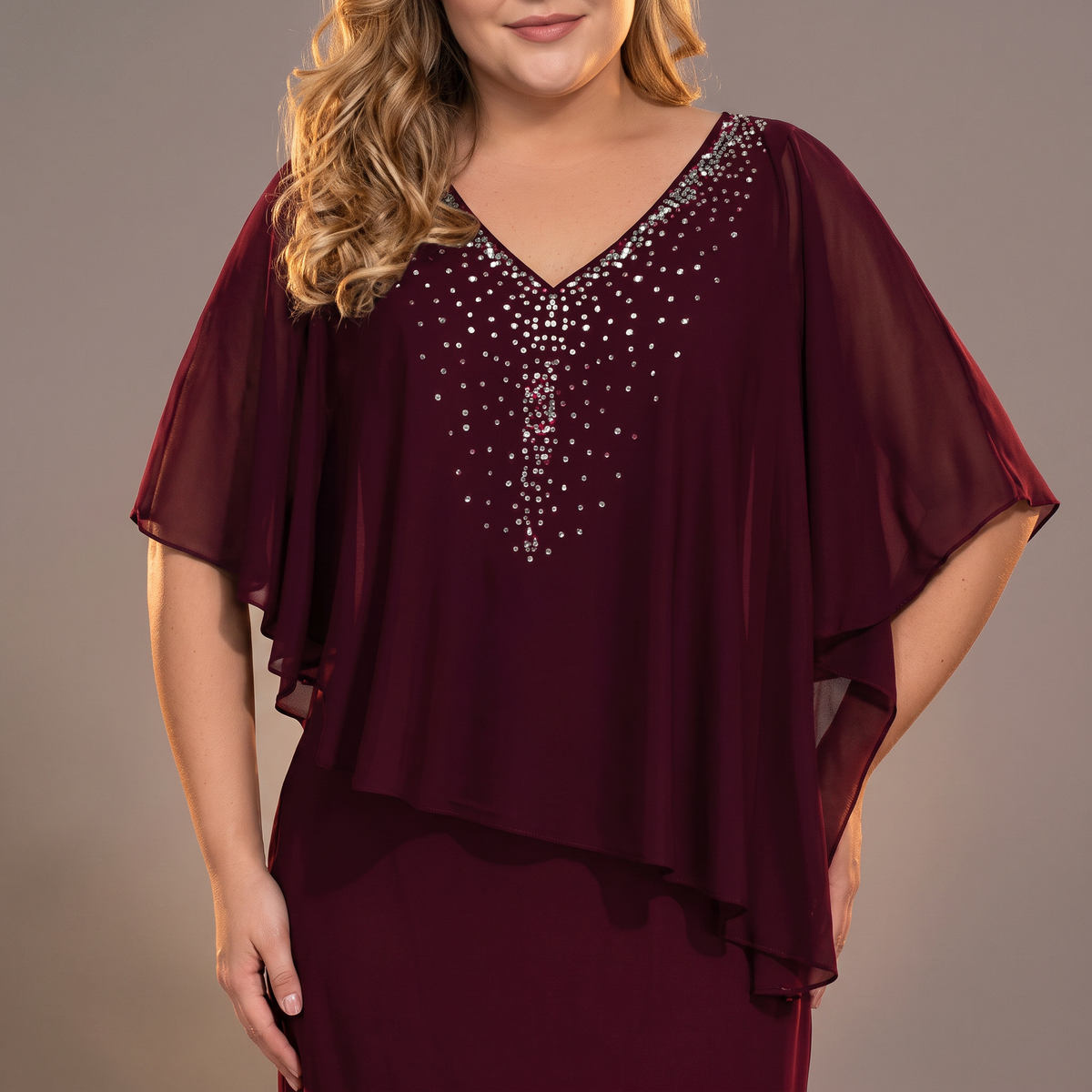 Claravine Rhinestone Cape Midi Dress - Burgundy