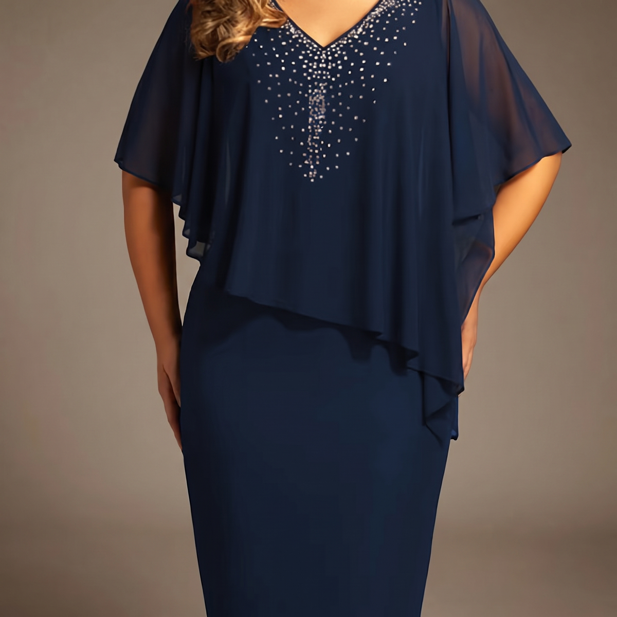 Claravine Rhinestone Cape Midi Dress - Dark Blue