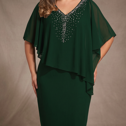 Claravine Rhinestone Cape Midi Dress - Dark Green
