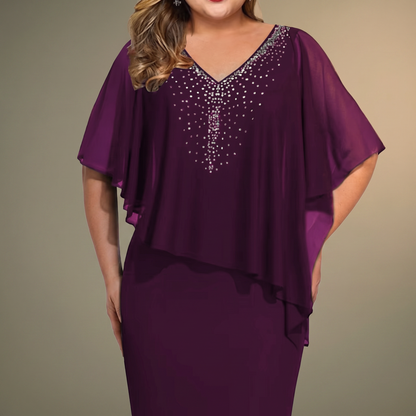Claravine Rhinestone Cape Midi Dress - Purple