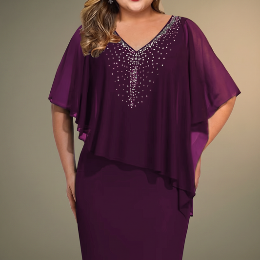 Claravine Rhinestone Cape Midi Dress - Purple