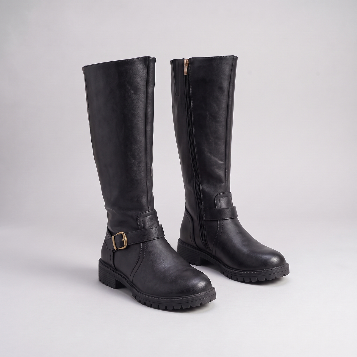 Classic Buckle Knee High Boots - Black